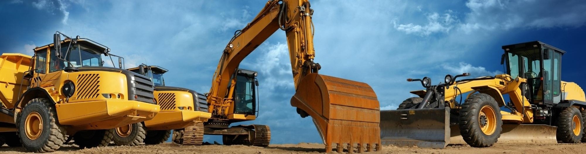 Showcase of different types of industrial vehicles such as excavators and trucks